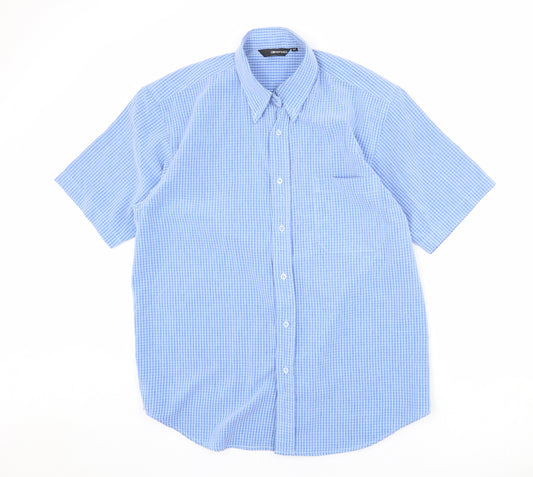 Defined Mens Blue Check Polyester Button-Up Size M Collared Button