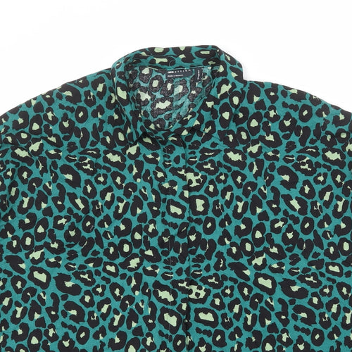 ASOS Womens Green Animal Print Viscose Basic Button-Up Size 10 Collared - Leopard Print
