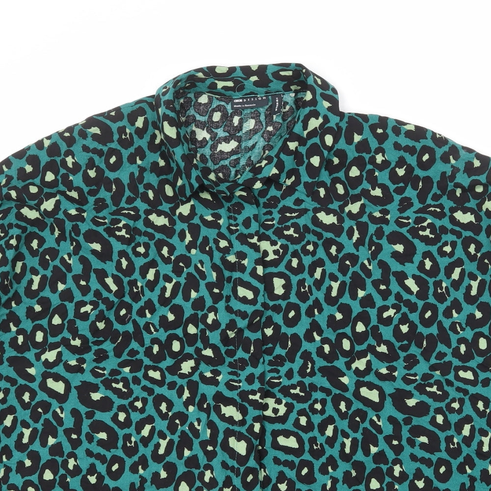 ASOS Womens Green Animal Print Viscose Basic Button-Up Size 10 Collared - Leopard Print
