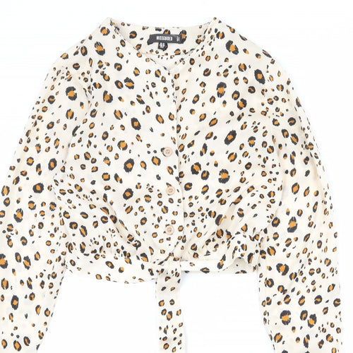 Missguided Womens Beige Animal Print Polyester Basic Button-Up Size 10 V-Neck - Leopard Print