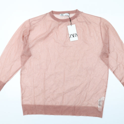 Zara Womens Pink Round Neck Polyamide Pullover Jumper Size M