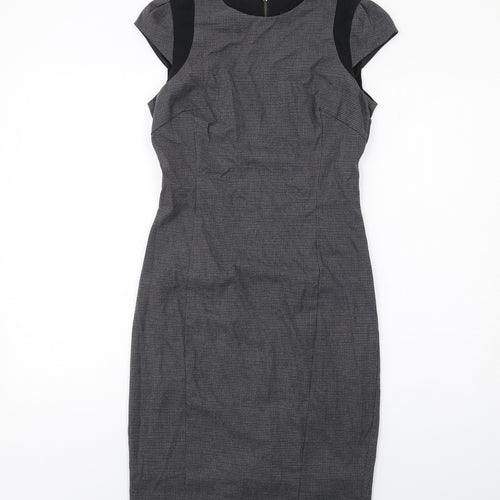 Zara Womens Grey Geometric Polyester Pencil Dress Size S Round Neck Zip - Cap Sleeve