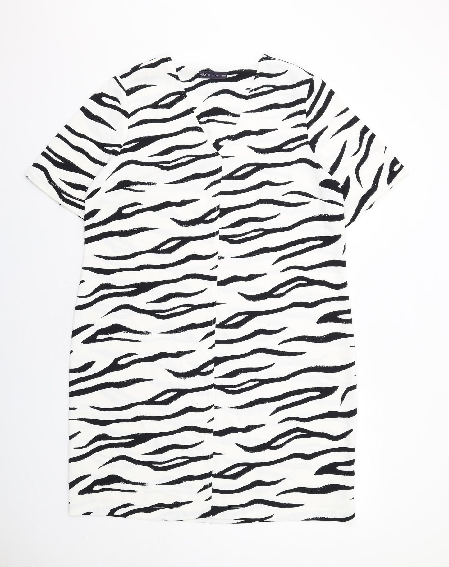 Marks and Spencer Womens White Animal Print Polyester A-Line Size 14 V-Neck Pullover - Zebra Pattern