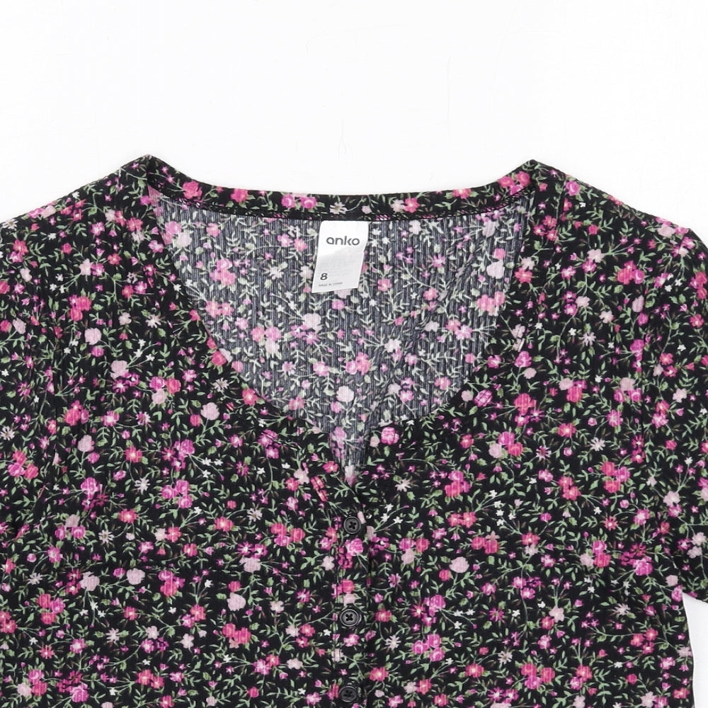 Anko Womens Black Floral Polyester Basic Button-Up Size 8 V-Neck