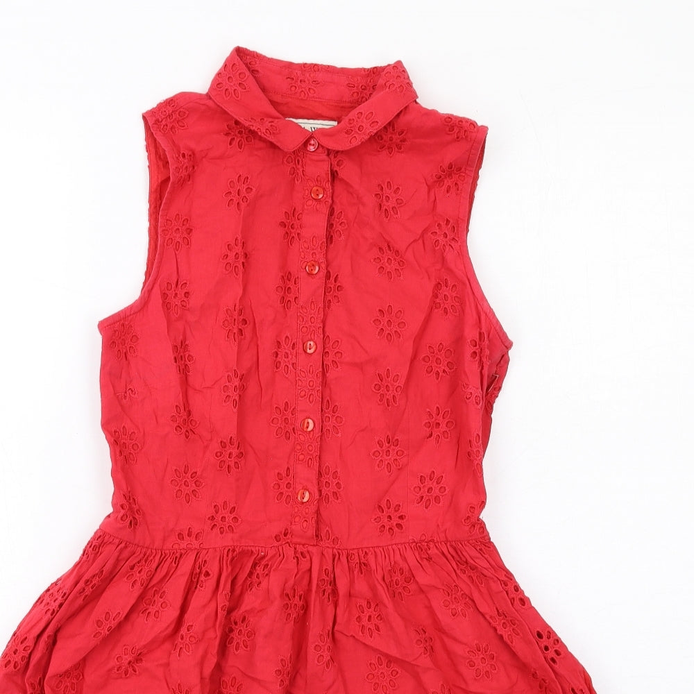 Jack Wills Womens Red Cotton A-Line Size 6 Collared Button - Broderie Anglaise