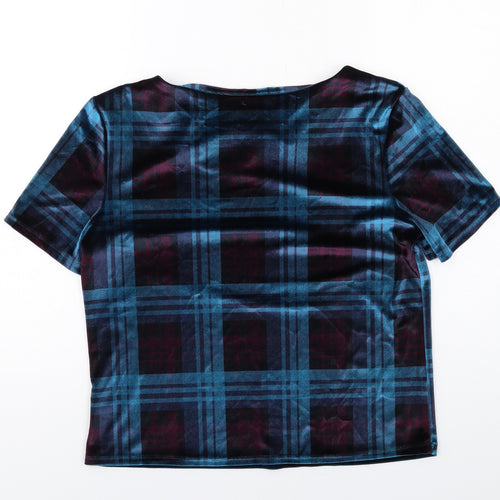 Topshop Womens Blue Plaid Polyester Basic T-Shirt Size 10 Round Neck