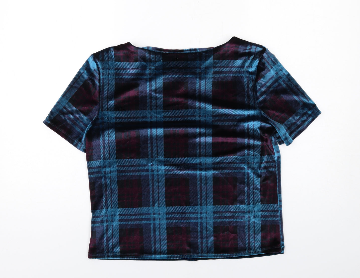 Topshop Womens Blue Plaid Polyester Basic T-Shirt Size 10 Round Neck