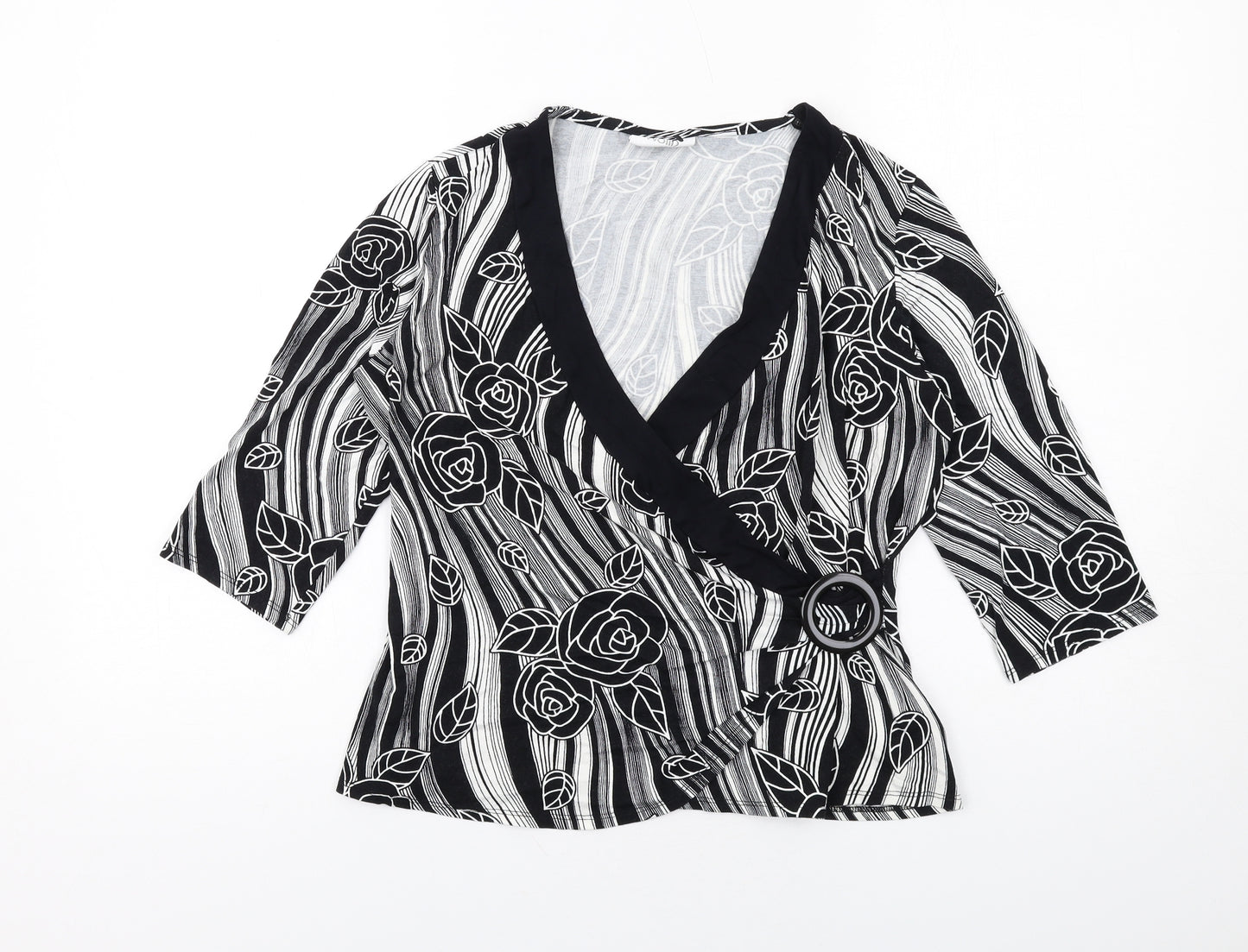 Wallis Womens Black Striped Viscose Basic Blouse Size 16 V-Neck - Floral