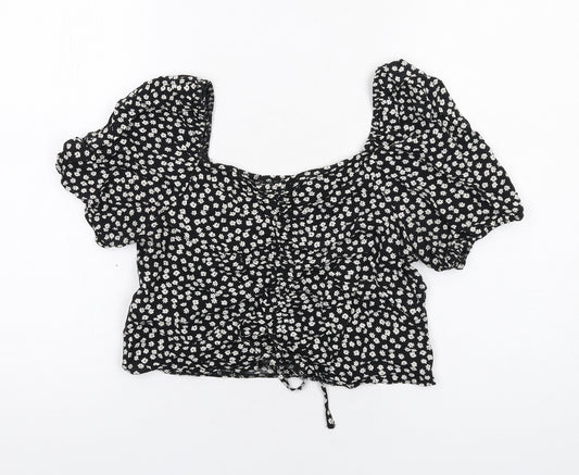 New Look Womens Black Floral Viscose Cropped Blouse Size 8 Square Neck