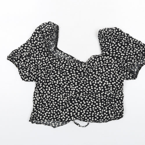 New Look Womens Black Floral Viscose Cropped Blouse Size 8 Square Neck