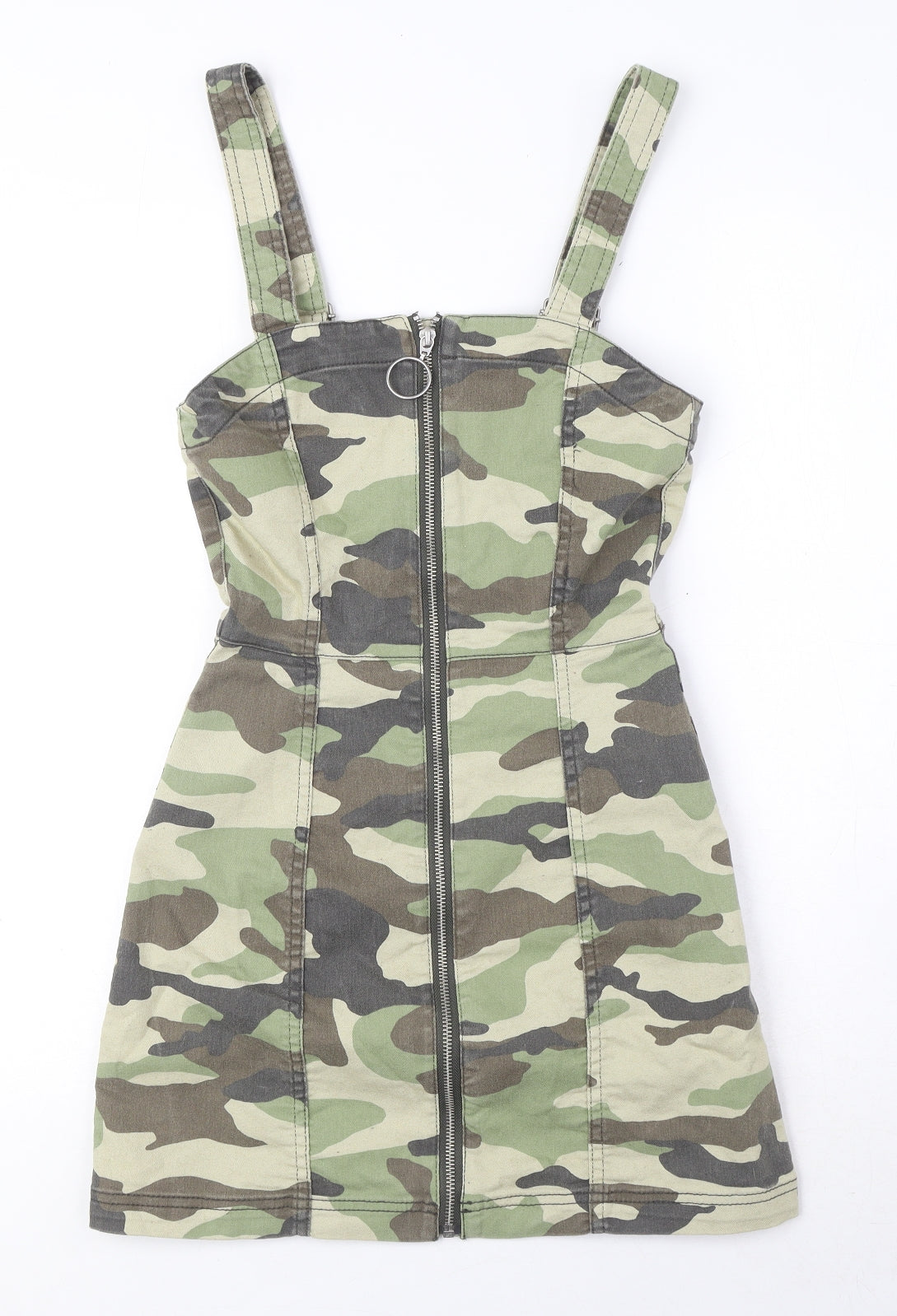 Divided by H&M Womens Green Camouflage Cotton Pinafore/Dungaree Dress Size 6 Square Neck Zip