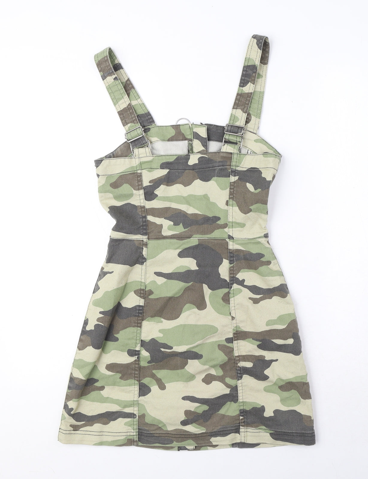 Divided by H&M Womens Green Camouflage Cotton Pinafore/Dungaree Dress Size 6 Square Neck Zip