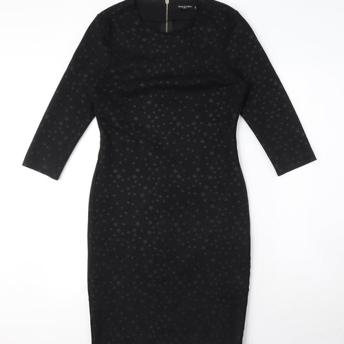Drole de copine Womens Black Geometric Cotton Blend Pencil Dress Size M Round Neck Zip - Star Print