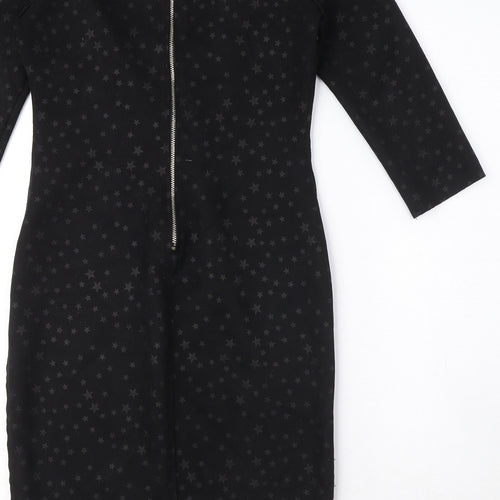 Drole de copine Womens Black Geometric Cotton Blend Pencil Dress Size M Round Neck Zip - Star Print