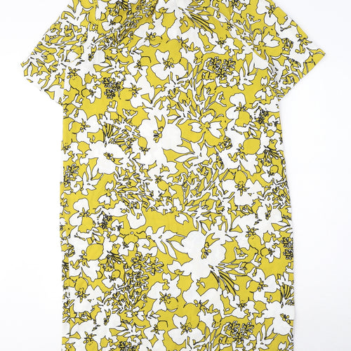 Marks and Spencer Womens Yellow Floral Polyester A-Line Size 14 Round Neck Button