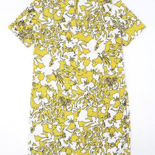 Marks and Spencer Womens Yellow Floral Polyester A-Line Size 14 Round Neck Button