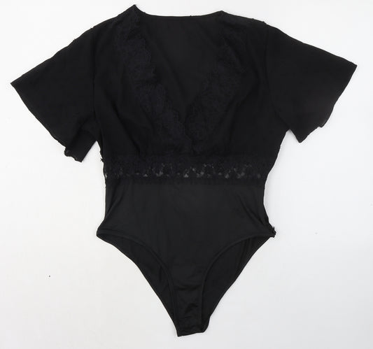 Greathe Womens Black Polyester Bodysuit One-Piece Size L Zip