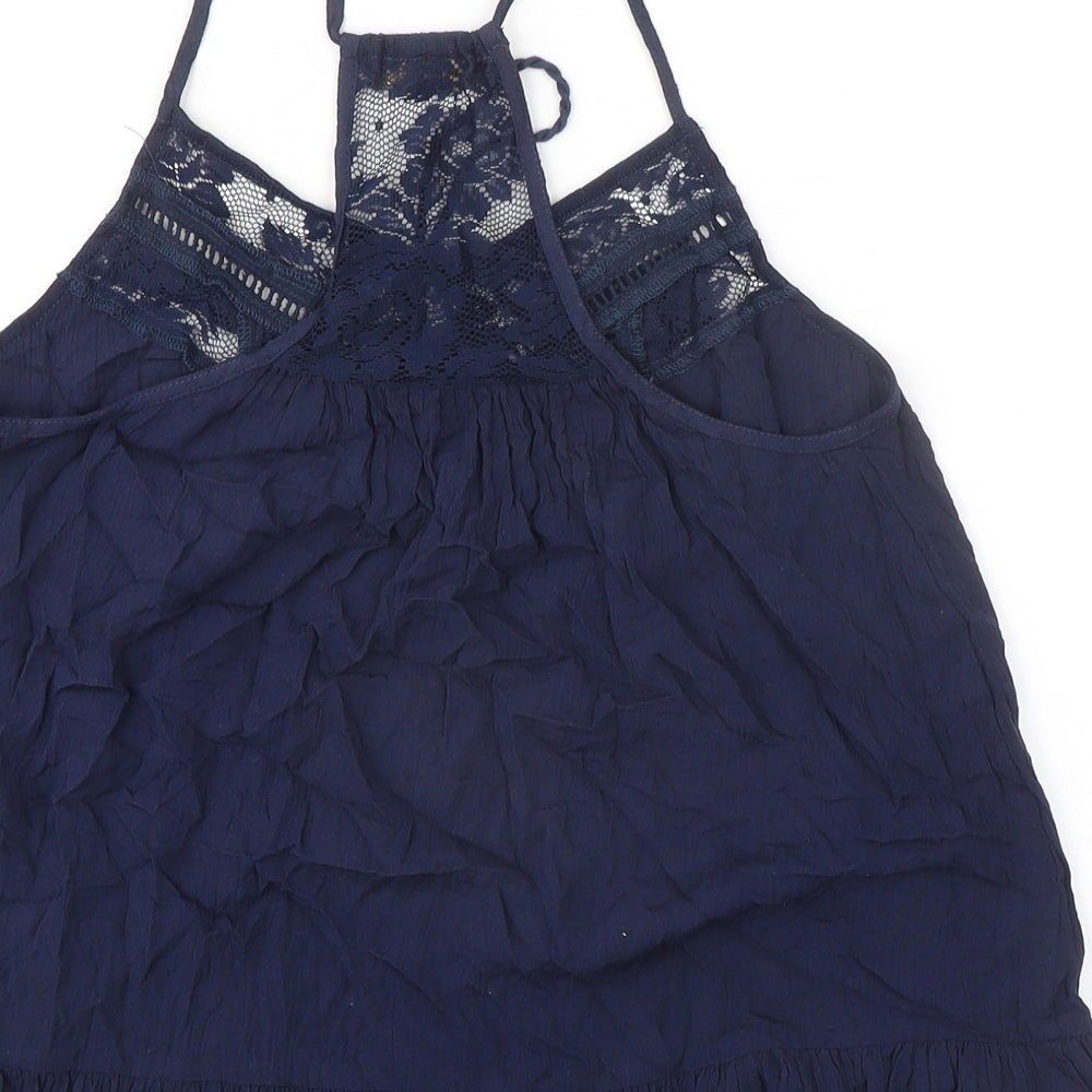 FG4 London Womens Blue Cotton Basic Tank Size S Round Neck - Lace Details