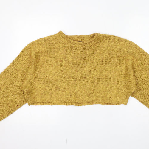 Topshop Womens Yellow Colourblock Acrylic Cropped Button-Up Size 10 Cowl Neck