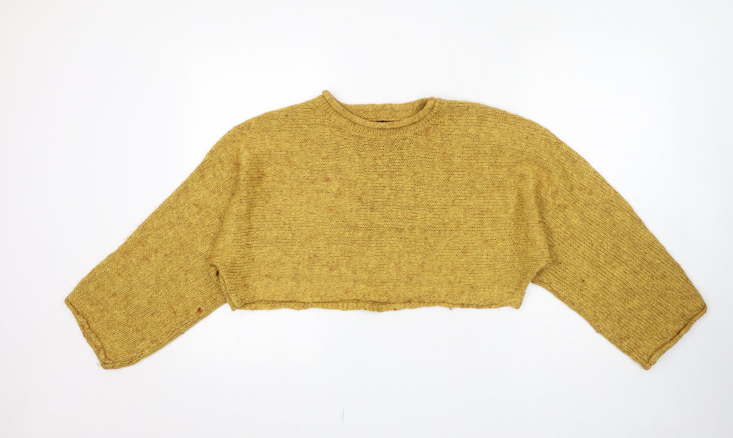 Topshop Womens Yellow Colourblock Acrylic Cropped Button-Up Size 10 Cowl Neck