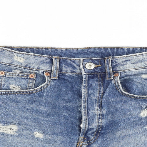 H&M Womens Blue 100% Cotton Hot Pants Shorts Size 8 Regular Button - Distressed