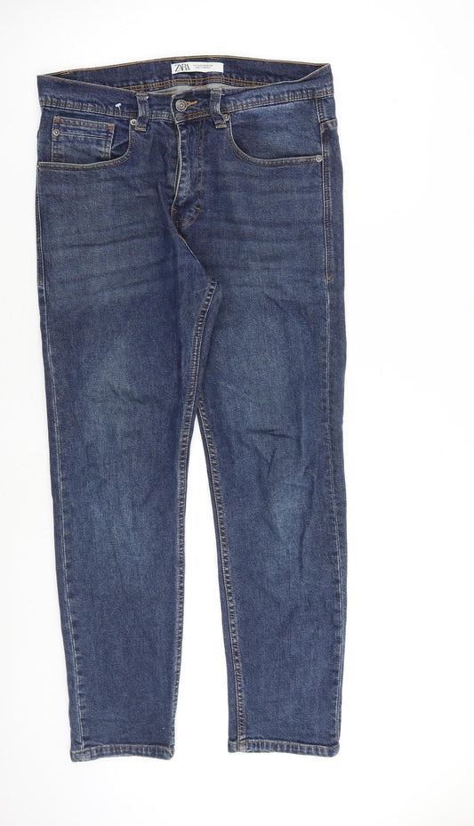 Zara Mens Blue Cotton Tapered Jeans Size 34 in L30 in Regular Zip