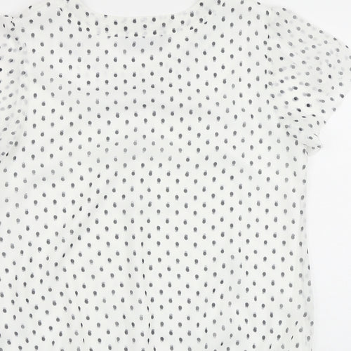 Bonmarché Womens White Polka Dot Polyester Basic Blouse Size 14 Round Neck