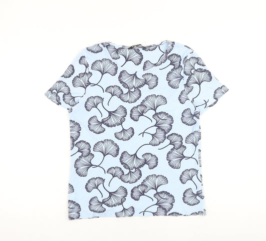 Bonmarché Womens Blue Geometric 100% Cotton Basic T-Shirt Size 16 Round Neck