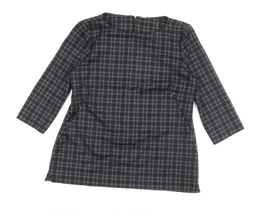 Marks and Spencer Womens Black Check Polyester Basic Blouse Size 14 Round Neck