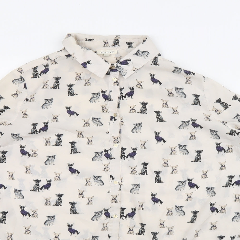 River Island Womens Ivory Geometric Polyester Basic Button-Up Size 14 Collared - Dog Print
