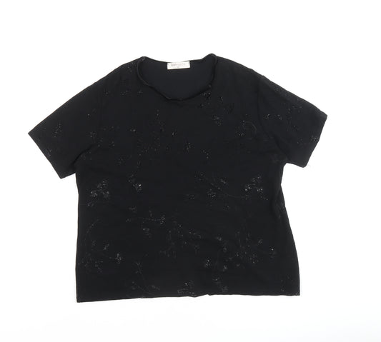 Bonmarché Womens Black Floral Viscose Basic T-Shirt Size XL Crew Neck - Embellished