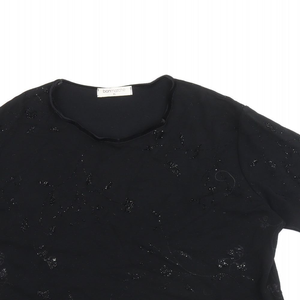 Bonmarché Womens Black Floral Viscose Basic T-Shirt Size XL Crew Neck - Embellished