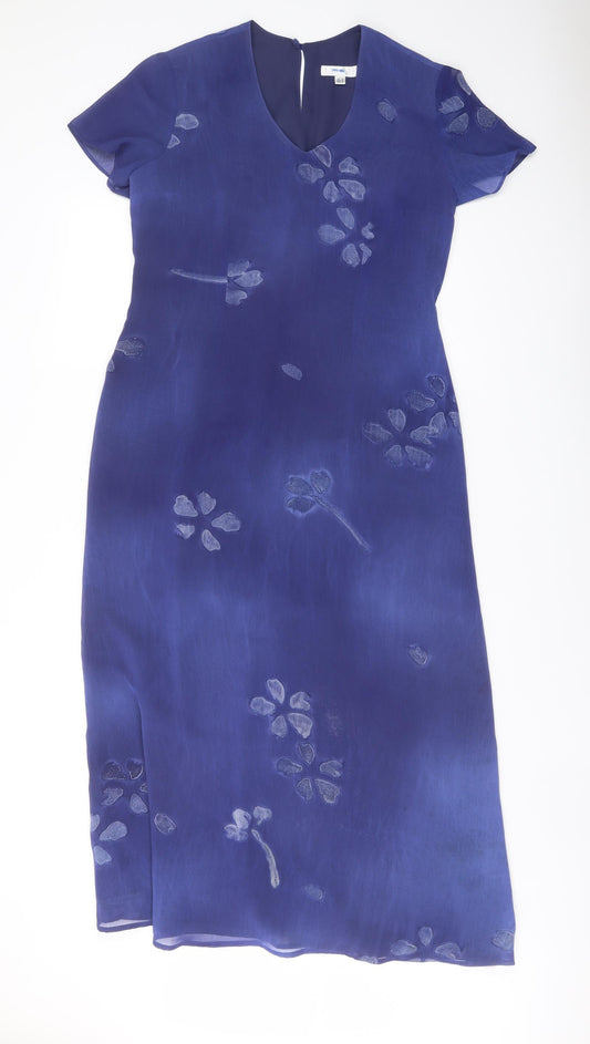 NEXT Womens Blue Floral Polyester A-Line Size 14 V-Neck Button
