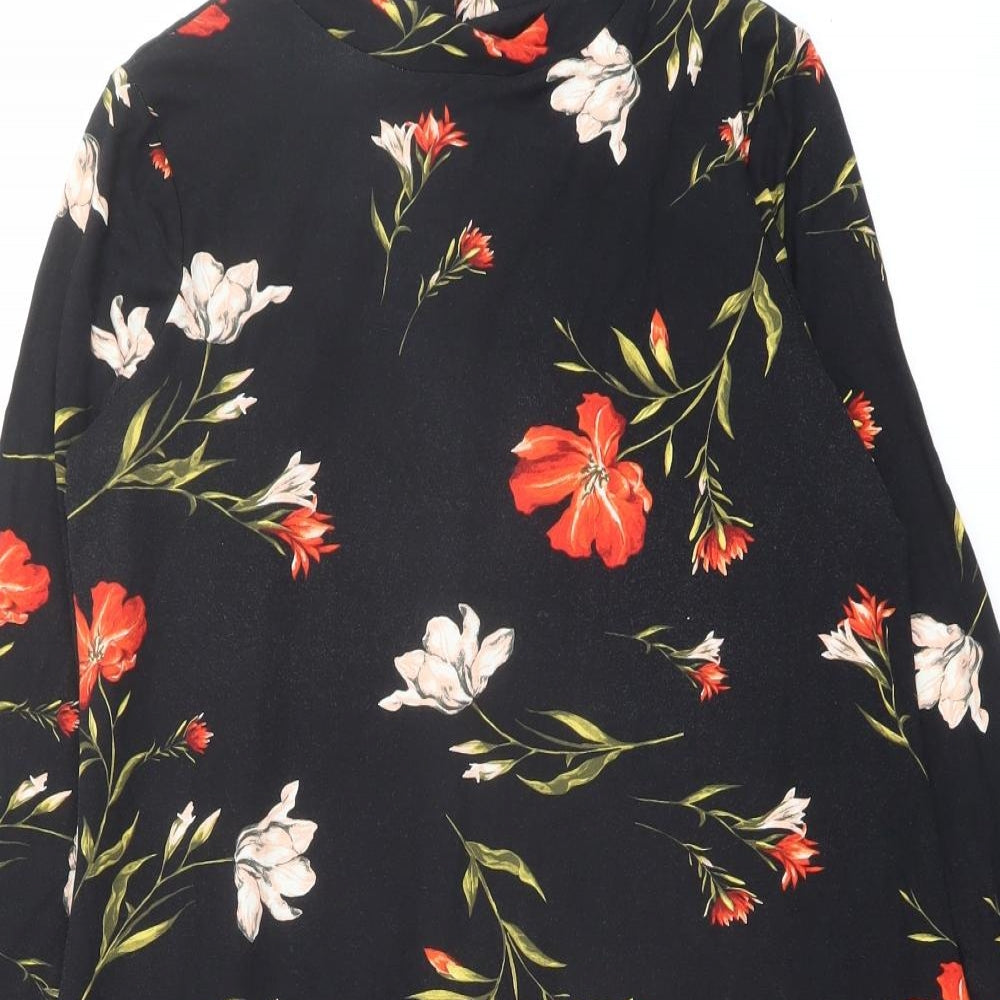 Wallis Womens Black Floral Viscose A-Line Size 12 Mock Neck Button