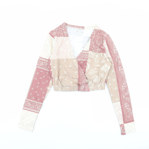 ASOS Womens Multicoloured Paisley Cotton Cropped Blouse Size 8 V-Neck - Wrap Style