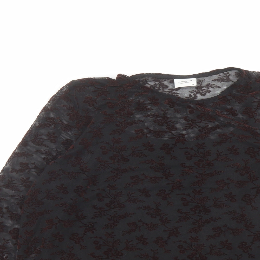 Jacqueline de Yong Womens Black Floral Polyester Basic Blouse Size M Round Neck