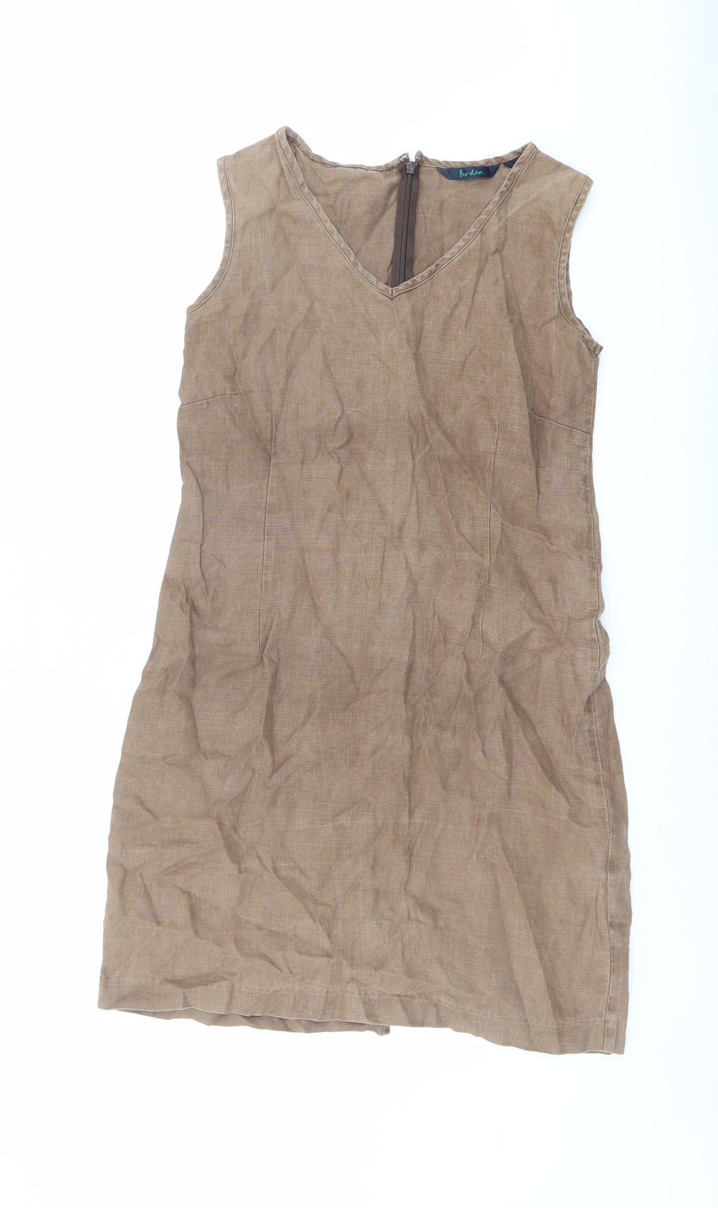 Boden Womens Brown Linen A-Line Size 12 V-Neck Zip