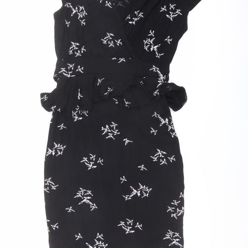 Dorothy Perkins Womens Black Geometric Viscose A-Line Size 8 V-Neck Pullover - Bird pattern