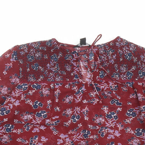 New Look Womens Red Floral Polyester Basic Blouse Size 10 Round Neck