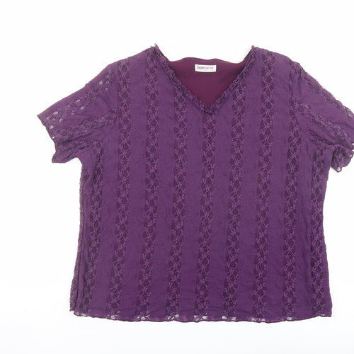Bonmarché Womens Purple Striped Nylon Basic T-Shirt Size XL V-Neck