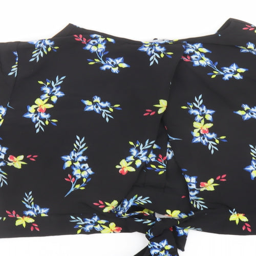 New Look Womens Black Floral Polyester Cropped Blouse Size 16 V-Neck