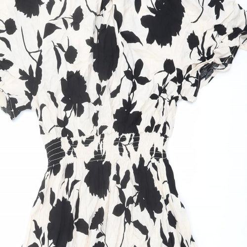 H&M Womens Beige Floral Viscose A-Line Size S Round Neck Button