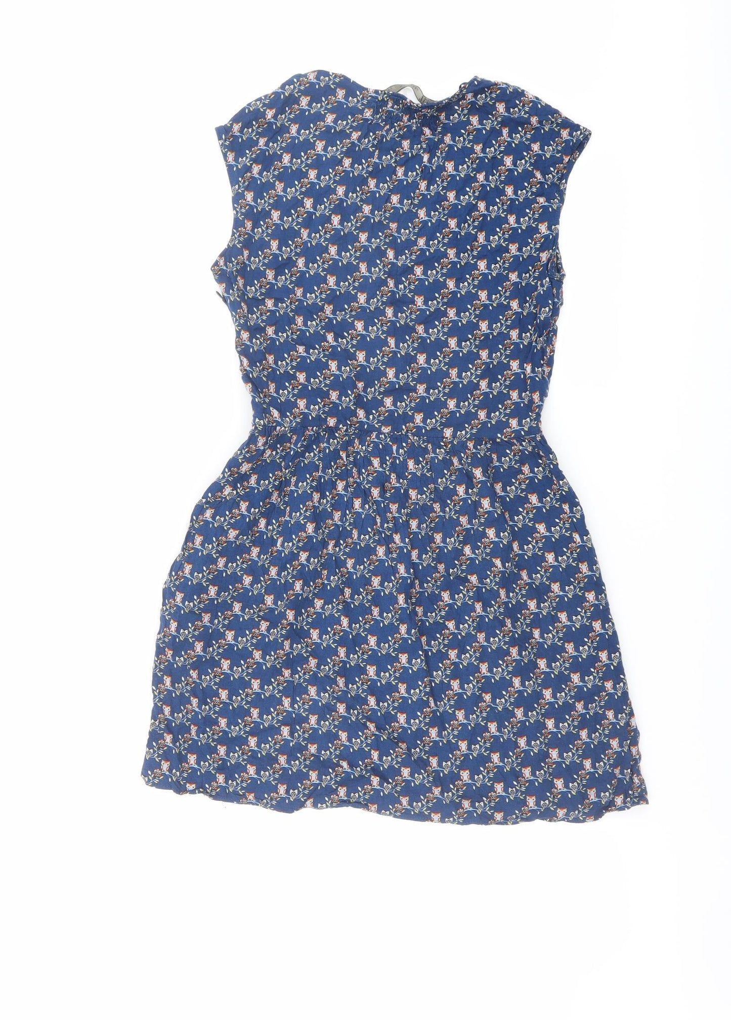 Zara Womens Blue Geometric Polyester A-Line Size S V-Neck Button - Owls