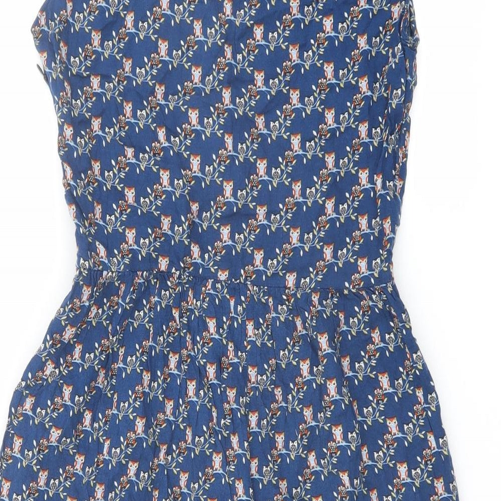 Zara Womens Blue Geometric Polyester A-Line Size S V-Neck Button - Owls