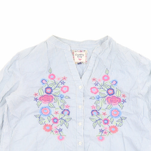 Country Rose Womens Blue Striped Cotton Basic Button-Up Size 10 V-Neck - Floral Detail