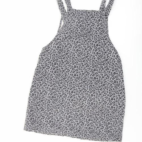TU Womens Grey Animal Print Cotton Pinafore/Dungaree Dress Size 14 Square Neck Snap - Leopard pattern