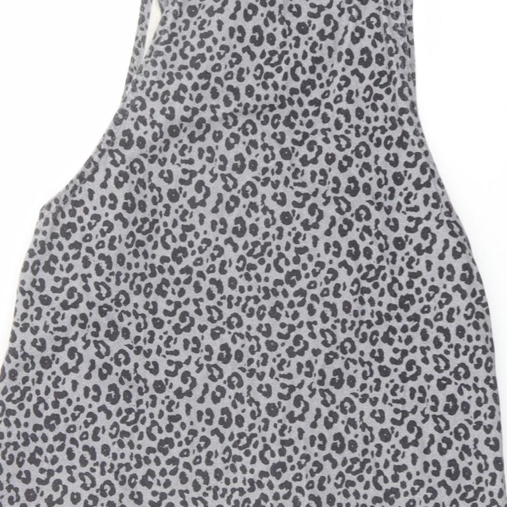 TU Womens Grey Animal Print Cotton Pinafore/Dungaree Dress Size 14 Square Neck Snap - Leopard pattern