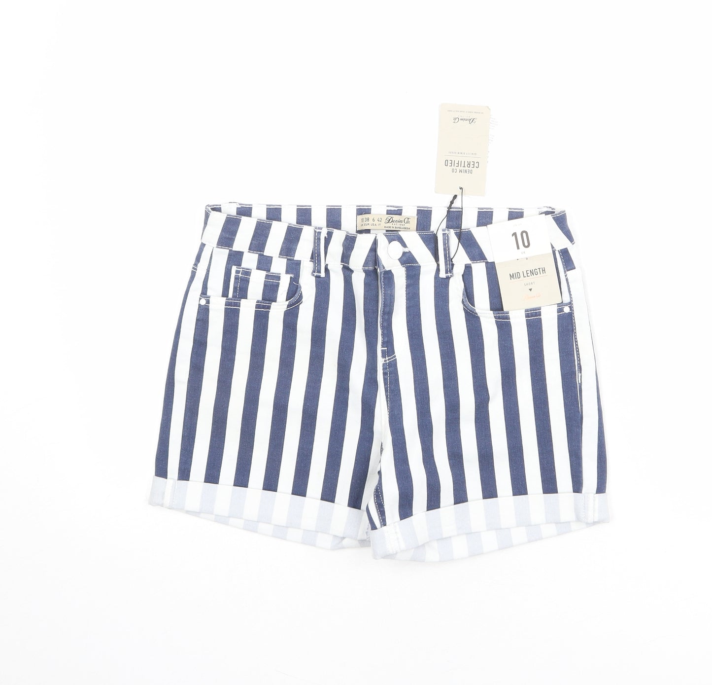 Denim & Co. Womens Blue Striped Cotton Hot Pants Shorts Size 10 L3 in Regular Zip