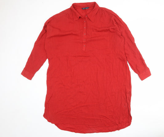 Marks and Spencer Womens Red Cotton Shirt Dress Size 18 Collared Button