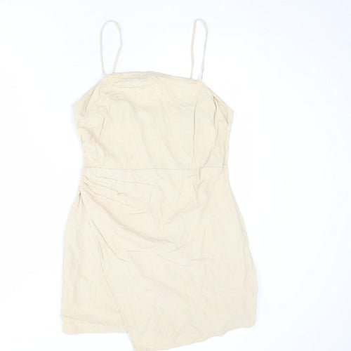 Zara Womens Beige Linen Slip Dress Size L Square Neck Zip